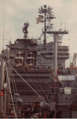 USS Forrestal comes along port side of Chikaska for fuel and jet gas.
