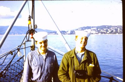 Christmas, Cannes, France 1969 
Dave Rice (R) Jim Sorgee (L) on bow of Semmes in Cannes for Christmas 1969
